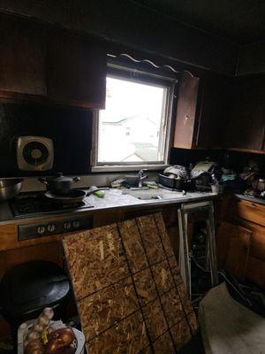 Heavy fire damaged kitchen in New York.