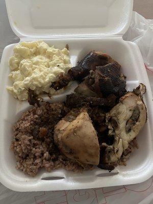 Jerk chicken w/ rice and peas and potato salad