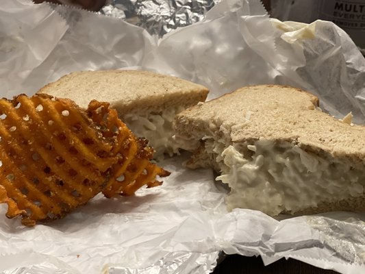 chicken salad and waffle fries