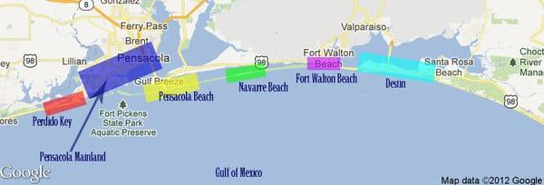 These are the different beach and major waterfront areas on the Gulf of Mexico that Ted can help you with.