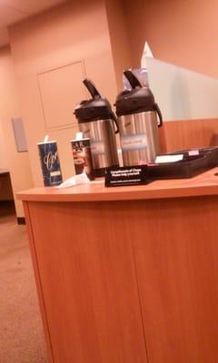 Messy coffee station with no more coffee at 1pm. Shows laziness for the fact that NO ONE was there.