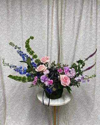 Table Arrangement of Pastel Flowers with Keepsake Angel Figurine