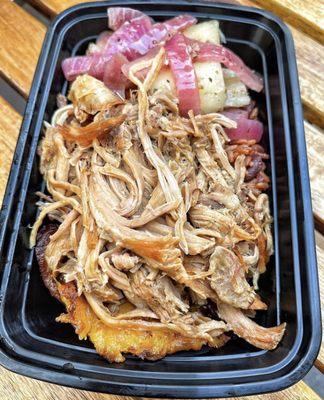 Moro, maduros, yucca, pernil, red onions