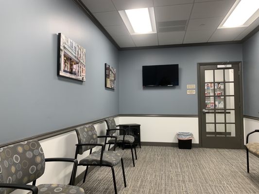 Waiting room. Very clean and good chair spacing for Covid-19