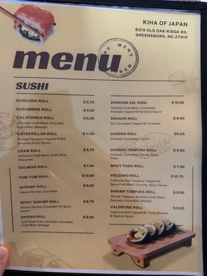 Sushi menu