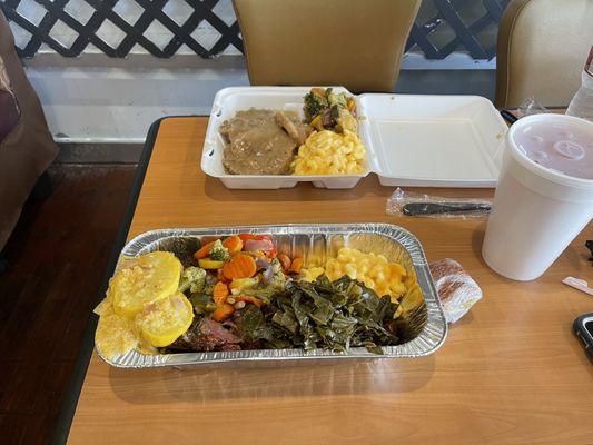 Smoked Turkey Leg with 4 sides and Smothered Pork Chops with 2 sides.