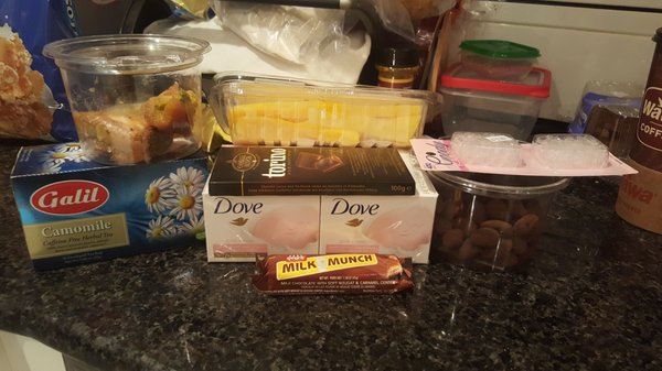 Today's picks, Dove soap, Turmeric, mango, chamomile tea, cocoa almonds, baklava, hair bands, chocolate bar.