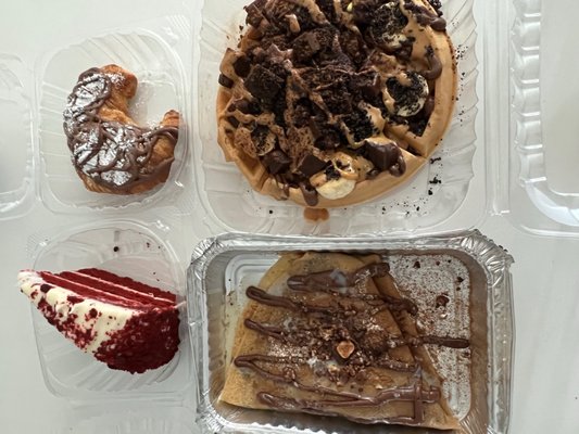 Red Velvet Cake, Nutella Crepe, brownie S'mores Waffle, French Chocolate Croissant