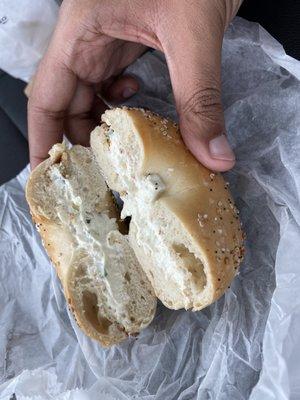 Everything bagel toasted with chives cream cheese