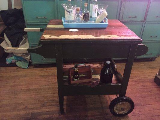 Reclaimed bar cart with 200 year old flooring for the top.