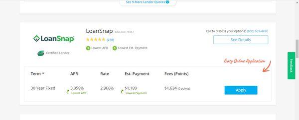 LoanSnap offer in Lending Tree. Cropped to not show other lenders.