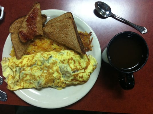 A mushroom and swiss omelette with hashbrowns and two pieces of toast ($5.95) + coffee ($1.50).