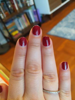 Regular mani by Jason after *two weeks* - no chips! Just a little wear at the tips. CND Rouge Rite for those wondering about the polish.