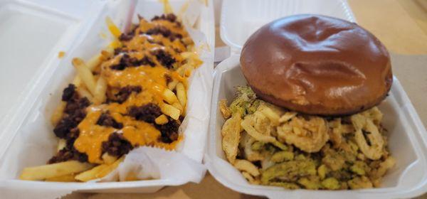 The green chili burger with ghost pepper cheese and the bacon Jam fries.