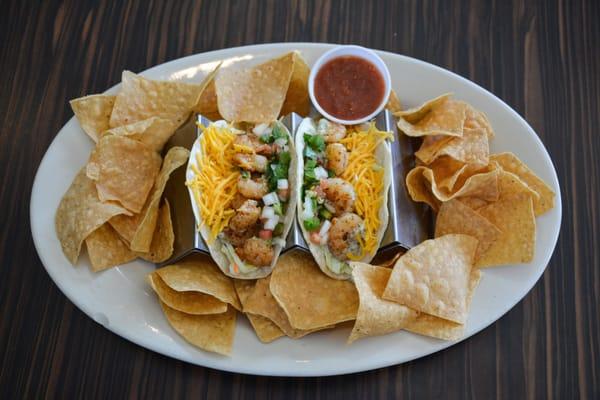 Shrimp Tacos Grilled with our own Home-made Chips and Home-made Salsa.... A great anytime meal!