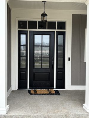 Refinished Thermatru builders grade door with new glass and stain