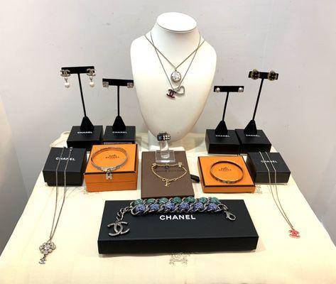 Chanel Necklaces, Earrings, ring and chain bracelet plus Hermes bangles and LV charm bracelet.