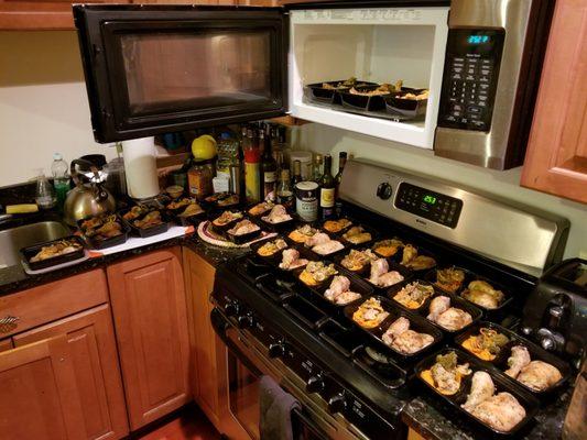 Chicken, sweet potatoes, and veggies divided up into some fast and healthy meals! (I need more counterspace, haha).