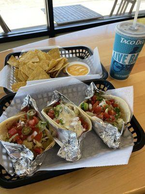 Beef, shredded beef, and fish tacos with chips & queso