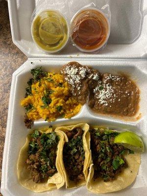 3 taco platter with asada no onions carrots or jalapeños fair price.