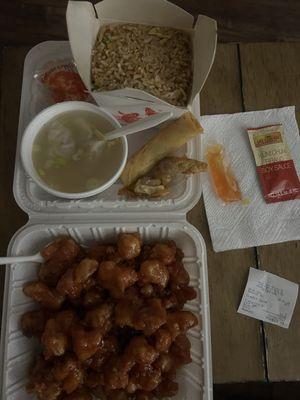 (1) Orange Chicken, (1) Fried Rice, (1) Wonton Soup , (1) Egg Roll, (2) Fried Wonton for Total : $23.48