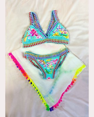 Crochet Bikini set and Pom Pom Pareo