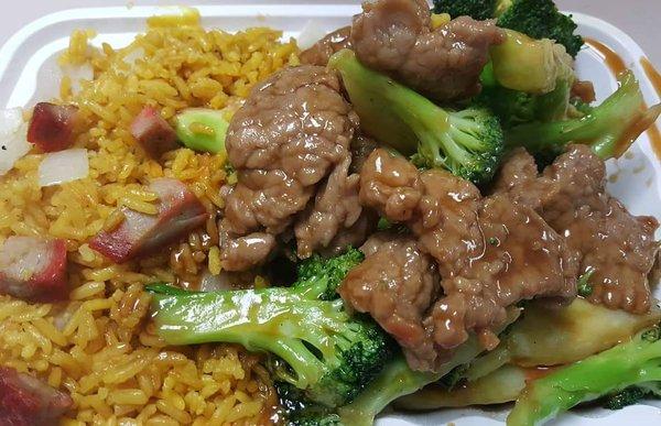 pork fried rice and beef and brocolli lunch special