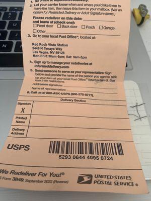 Receipt that no longer exists on their system. Never delivered but was at this post office.