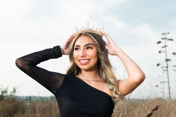 Black dress, crown, bday picture