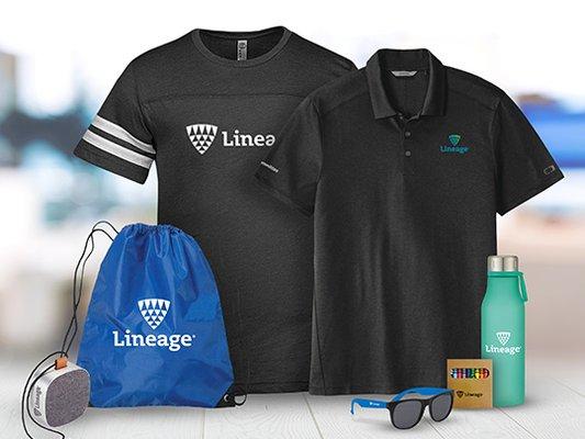 Bring your kids to work kit for Lineage Logistics. Features drawstring bag, apparel, drinkware, sunglasses, speakers & crayons.