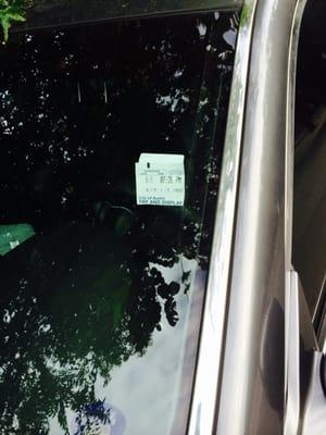 Parking Receipt Displayed Non-Curbside so Meter Maid could read it.