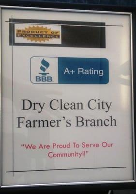 BBB assigns ratings from A+ (highest) to F (lowest). Dry Clean City Farmers Branch has A+ Rating with Better Business Bureau.