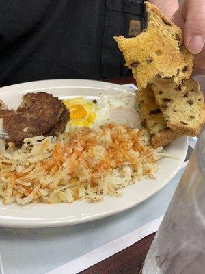 Eggs, sausage, hash browns, raisin toast for under $7