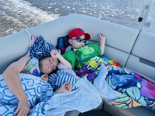 Kids were spent after some time on the beach and loved relaxing in the shade headed back to the dock.