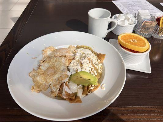 Chilaquiles, fresh fruit, coffee