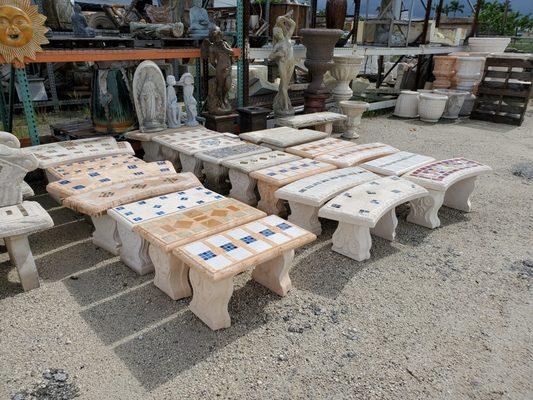 Assorted Concrete Mosaic Straight and Curved Benches with Tile Inlay