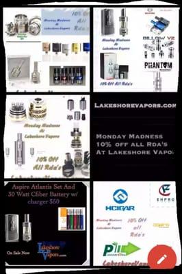 Monday madness at lakeshore vapors.  10% off all rebuildable tanks.