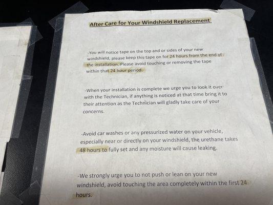 Windshield instructions