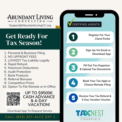 Tax preparation made easy with up to $9,500 in cash advances! We also offer business coaching, credit solutions, and financial planning.