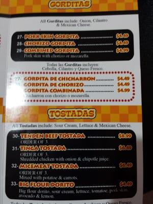 Gordita and tostada menu