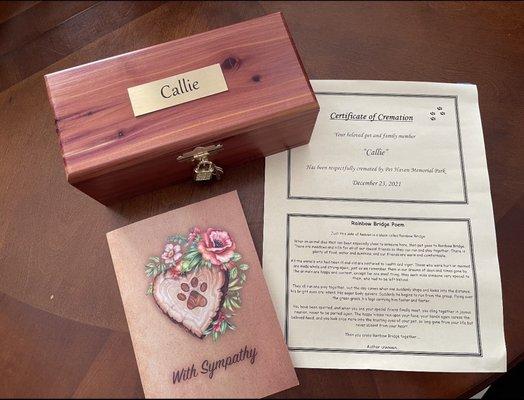 The beautiful sympathy card and cedar box with Callie's ashes. Such compassionate care all the way to the end.