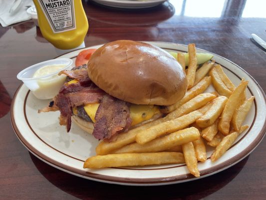 Bacon cheese burger and fries.