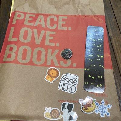 stickers, pin, bookmark