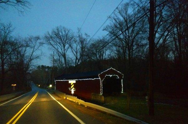 Newtown Township, Bartram's Covered Bridge (Goshen Road) - with string lights, at night