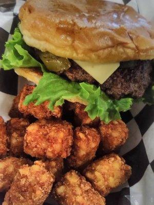 Jalapeno burger with tator tots