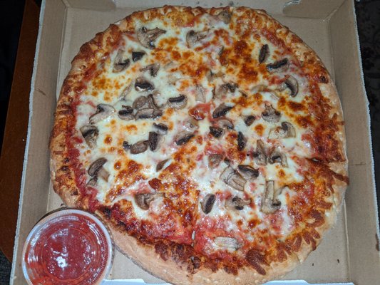 Med pizza w mushrooms, extra sauce on the side