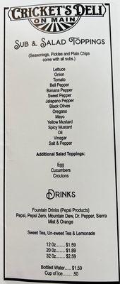 Menu- toppings for subs & salads.