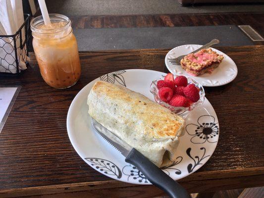 Mediterranean Veggie Wrap, Raspberry Crumble Bar, Thai Tea w/ Vanilla Yogurt Popping Boba