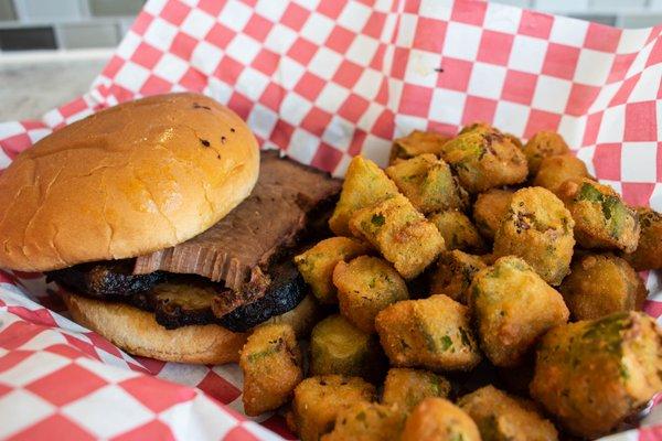 Sliced brisket sandwich with fried okra