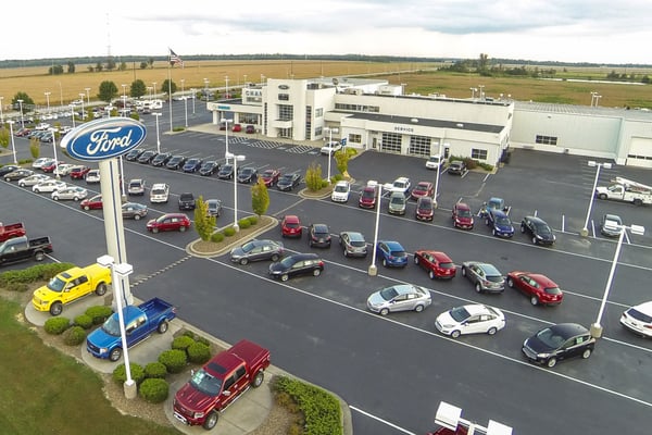 Flying high over our 10 acres of new Fords, Lincolns, and Mazdas!